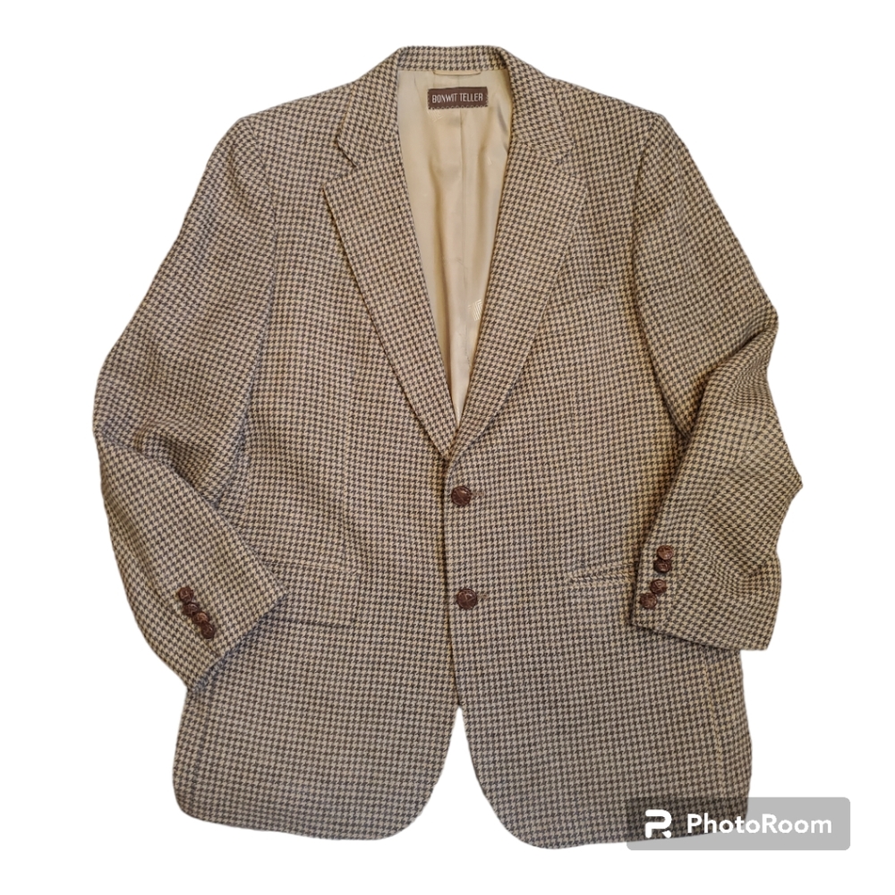 LANVIN PARIS Camel Hair  Houndstooth Tan Mens Blazer Sport Coat Jacket Sz XL.
